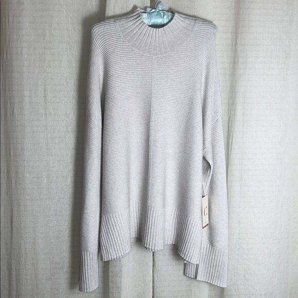 Cyrus Tops - CYRUS XL Gray Mock Neck Horizontal Knit Statement Sleeve Tunic Style Sweater